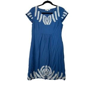 Boden Boho Blue Embroidered Midi Dress Cap Sleeve Summer Resort Vacation Size 10